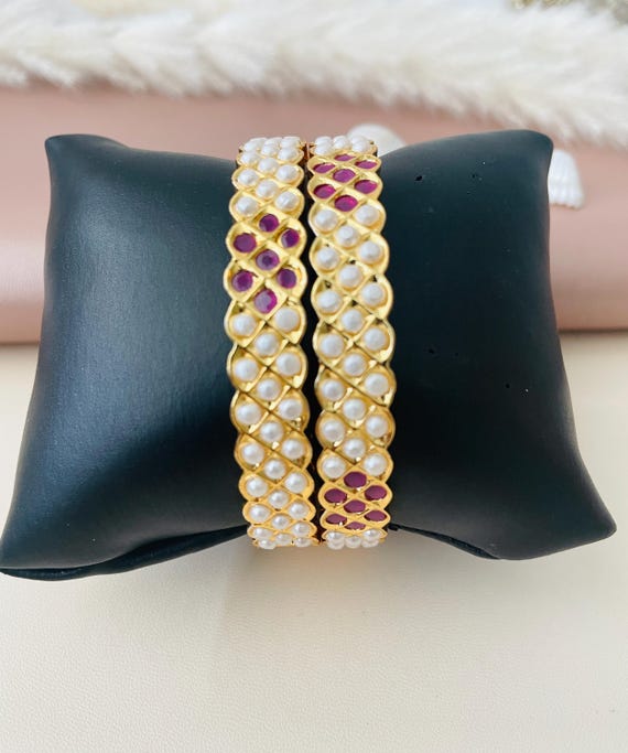 Gold Plated Ruby & Pearl Bangles - North Indian Party Jewelry