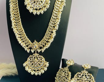 Gold plated kundan and pearl Necklace set with maang tika and Chandbali