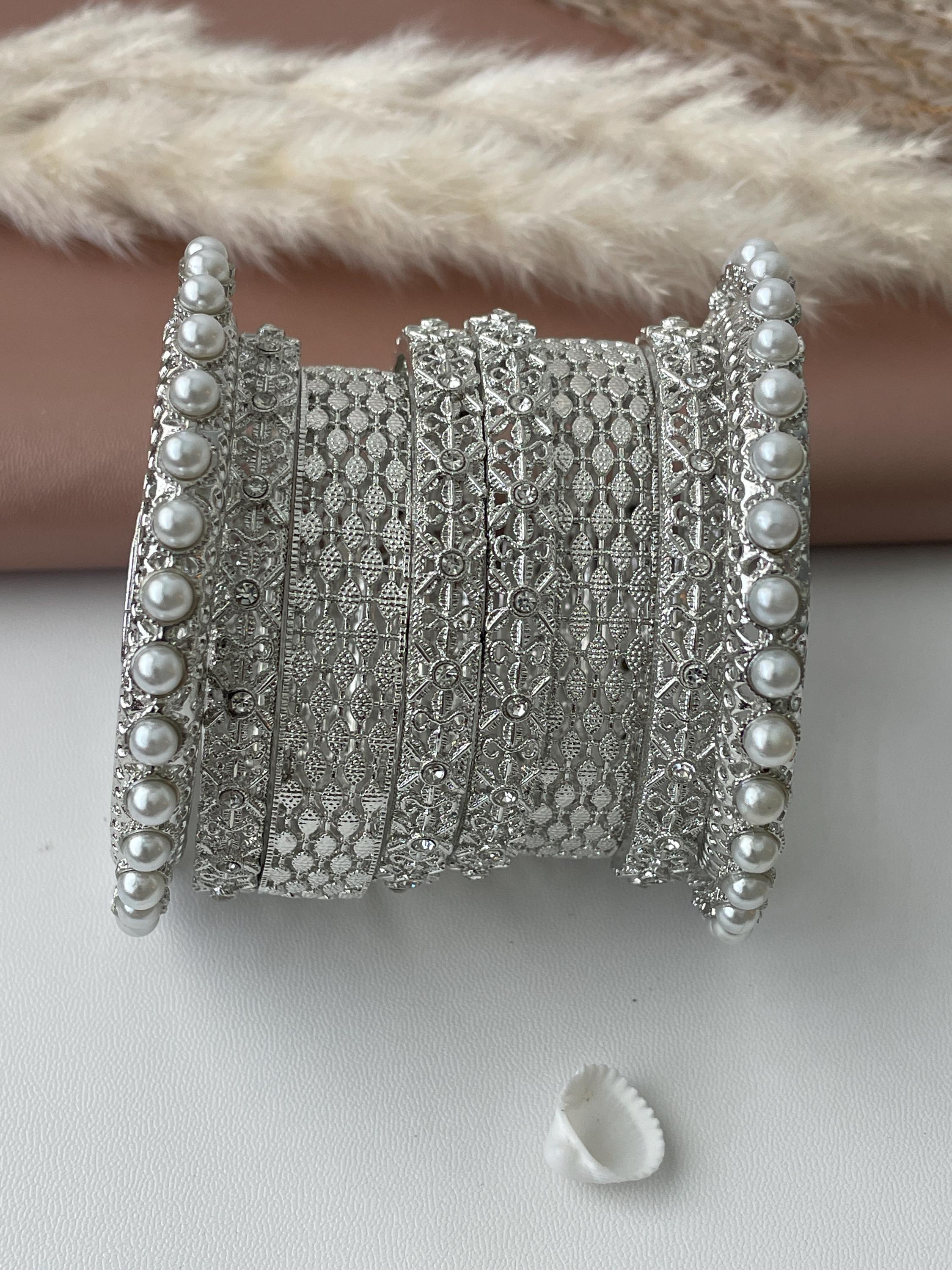 Silver Color Bangle Set | Pearl & Crystal Detail, Set of 8 - Etsy