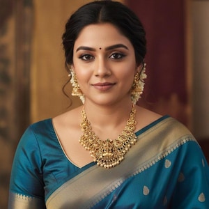 Lakshmi pendent kemp stone antique gold plated choker set with earring in green