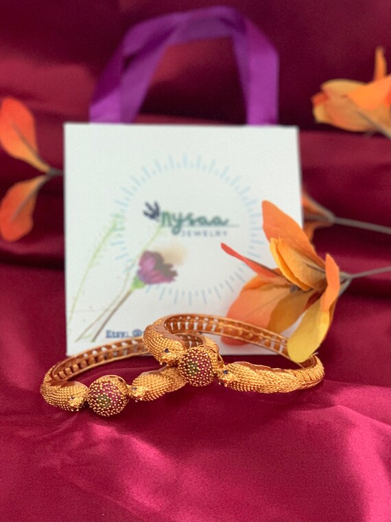 Gold Plated Indian Bangles: Ruby Green Minakari S… - image 5