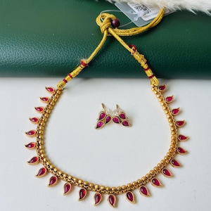 Ruby stone gold plated short necklace with matching earrings