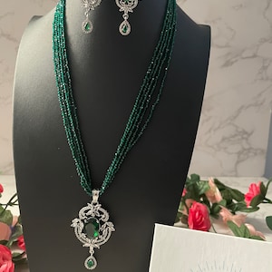 American diamond Mona Lisa stone necklace set in dark green color | cubic zirconia necklace with matching earrings