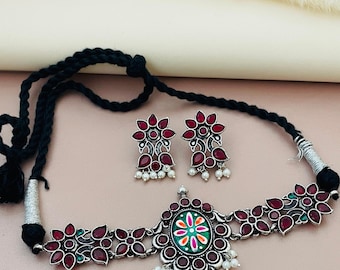 Oxidized Hand-Painted Choker Set: Colorful Stone Necklace