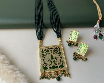 Thewa necklace with matching earrings / Gold plated thewa necklace set