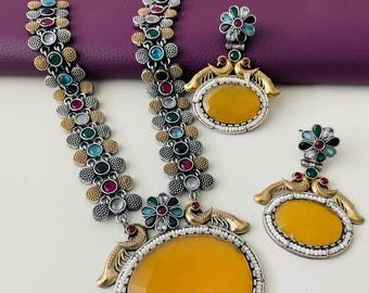 Oxidized Necklace Set: Ruby Mona Lisa Stone, Temple Jewelry
