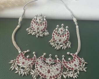 Kemp stone rhodium plated short necklace set
