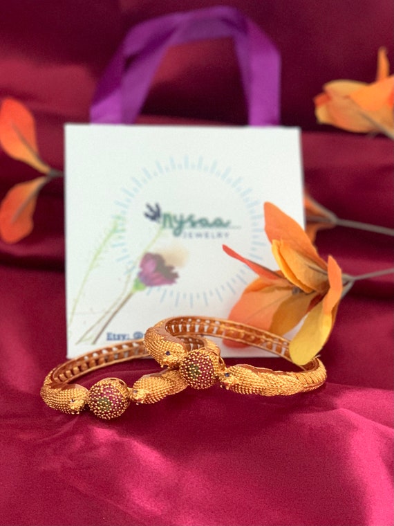 Gold Plated Indian Bangles: Ruby Green Minakari S… - image 6