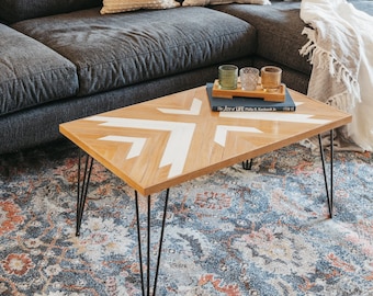 Reclaimed Wood Mosaic Coffee Table, Steel Hairpin Legs