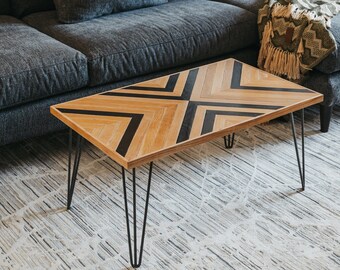 Reclaimed Wood Mosaic Coffee Table, Handmade Hairpin Leg Table