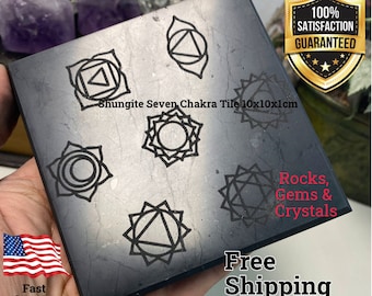Shungite Seven Chakra Engraved Tile 10x10x1 cm | Healing Power | Chakra | Coaster
