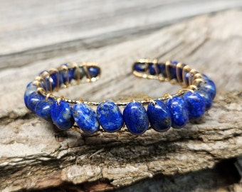 Lapis Lazulli Crystal Cuff Bracelet \ Tumbled Gemstone Cuff Bracelet \  Birthstone Cuff Bracelet \Stone Jewelry \ Crystal Bracelet\Cuff