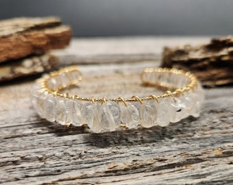 Clear Quartz Crystal Cuff Bracelet \ Tumbled Gemstone Cuff Bracelet \  Birthstone Cuff Bracelet \Stone Jewelry \ Crystal Bracelet\Cuff