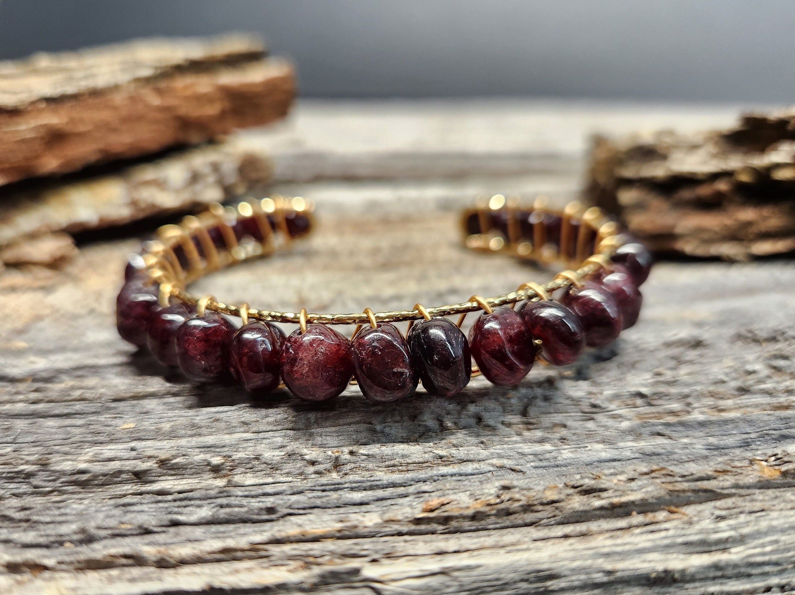 Garnet Cuff Bracelet \ Tumbled Gemstone Cuff Bracelet \  Birthstone Cuff Bracelet \Stone Jewelry \ Crystal Bracelet\Cuff