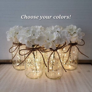 Set of 6 White Hydrangea Lighted Mason Jar Centerpieces, Wedding Decor, Event Centerpieces, Mason jars with lights, Farmhouse Decor