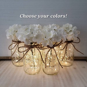 White Hydrangea Lighted Mason Jar Event Centerpieces, Wedding Decor, Baby Shower, Bridal Shower, Graduation, Celebration of Life Service