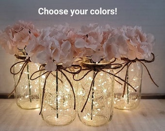 Set of 6 Blush Hydrangea Lighted Mason Jar Centerpieces, Wedding Decor, Event Centerpieces, Mason jars with lights, Farmhouse Decor