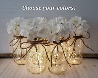 White Hydrangea Lighted Mason Jar Event Centerpieces, Wedding Decor, Baby Shower, Bridal Shower, Graduation, Celebration of Life Service