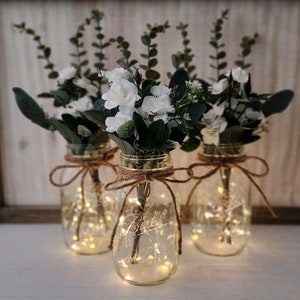 White Mini Rose Lighted Mason Jar Centerpiece, Wedding Centerpiece, Event Centerpiece, Wedding Decor, Farmhouse Wedding, Shower Decorations