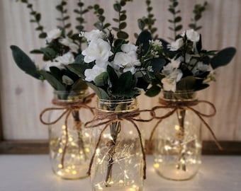 White Mini Rose Lighted Mason Jar Centerpiece, Wedding Centerpiece, Event Centerpiece, Wedding Decor, Farmhouse Wedding, Shower Decorations