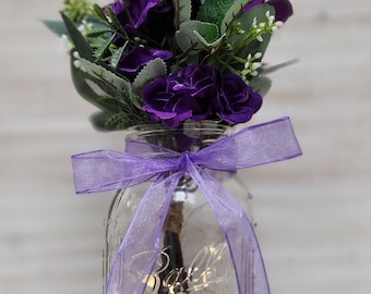 Violet Rose Lighted Mason Jar Centerpiece, Wedding Centerpiece, Event Centerpiece, Wedding Decor, Farmhouse Wedding, Shower Decorations