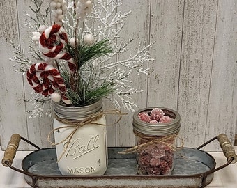 Classic Candy Cane Christmas Mason Jars and Tray, Holiday Table Centerpiece, Party Event Decor, Winter Wedding, Seasonal Gift