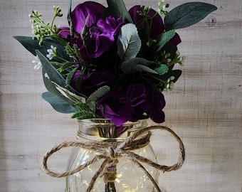 Violet Rose Lighted Mason Jar Centerpiece, Wedding Centerpiece, Event Centerpiece, Wedding Decor, Farmhouse Wedding, Shower Decorations
