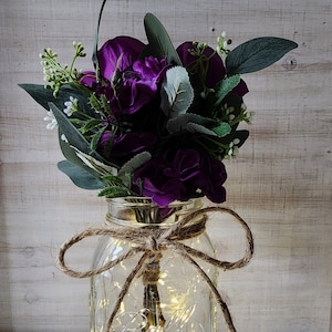 Violet Rose Lighted Mason Jar Centerpiece, Wedding Centerpiece, Event Centerpiece, Wedding Decor, Farmhouse Wedding, Shower Decorations