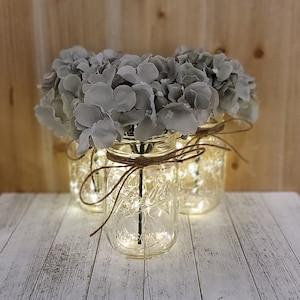 Gray Hydrangea Lighted Mason Jar Event Centerpieces, Wedding Decor, Baby Shower, Bridal Shower, Graduation, Celebration, Corporate Event