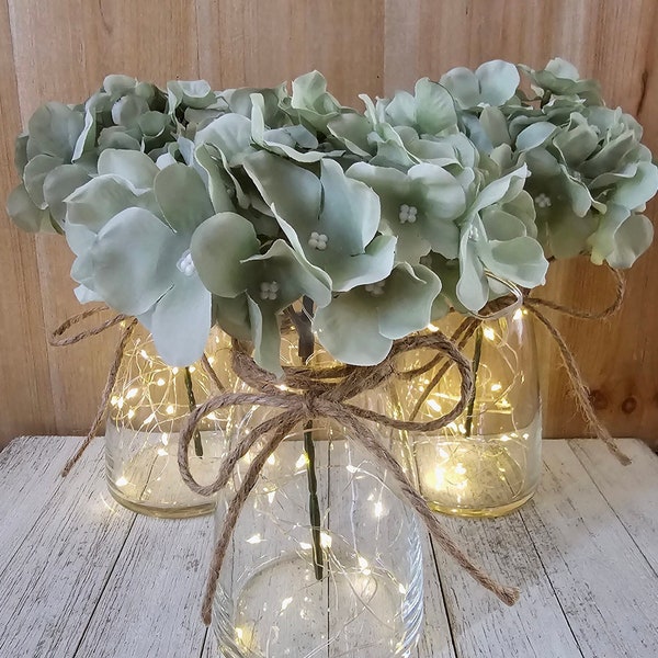 Sage Hydrangea Lighted Bud Vase Centerpiece, Wedding Centerpiece, Table Centerpiece, Wedding Centerpieces, Wedding Decor, Farmhouse Wedding