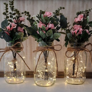 Pink Mini Rose Lighted Mason Jar Centerpiece, Wedding Centerpiece, Event Centerpiece, Wedding Decor, Farmhouse Wedding, Shower Decorations