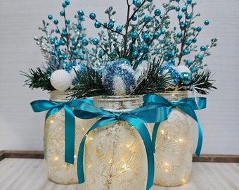 Blue and Silver Christmas Mason Jar With Fairy Lights, Holiday Table Centerpiece, Party Event Decor, Winter Wedding, Seasonal Gift