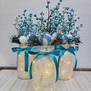 Blue and Silver Christmas Mason Jar With Fairy Lights, Holiday Table Centerpiece, Party Event Decor, Winter Wedding, Seasonal Gift
