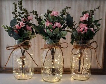 Pink Mini Rose Lighted Mason Jar Centerpiece, Wedding Centerpiece, Event Centerpiece, Wedding Decor, Farmhouse Wedding, Shower Decorations