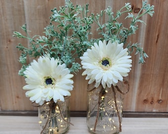 Lighted Ivory Gerbera Daisy Mason Jar Centerpiece, Wedding Centerpiece, Wedding Decor, Farmhouse Wedding, Shower Decorations