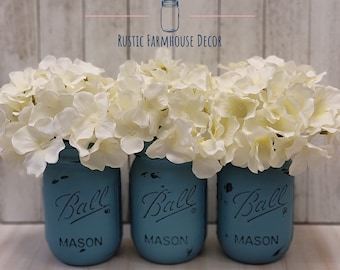 3 Blue Pint Painted Mason Jars, Farmhouse Decor, Nursery Decor, Baby Shower Decor, Rustic Decor, Shabby Chic Mason Jars