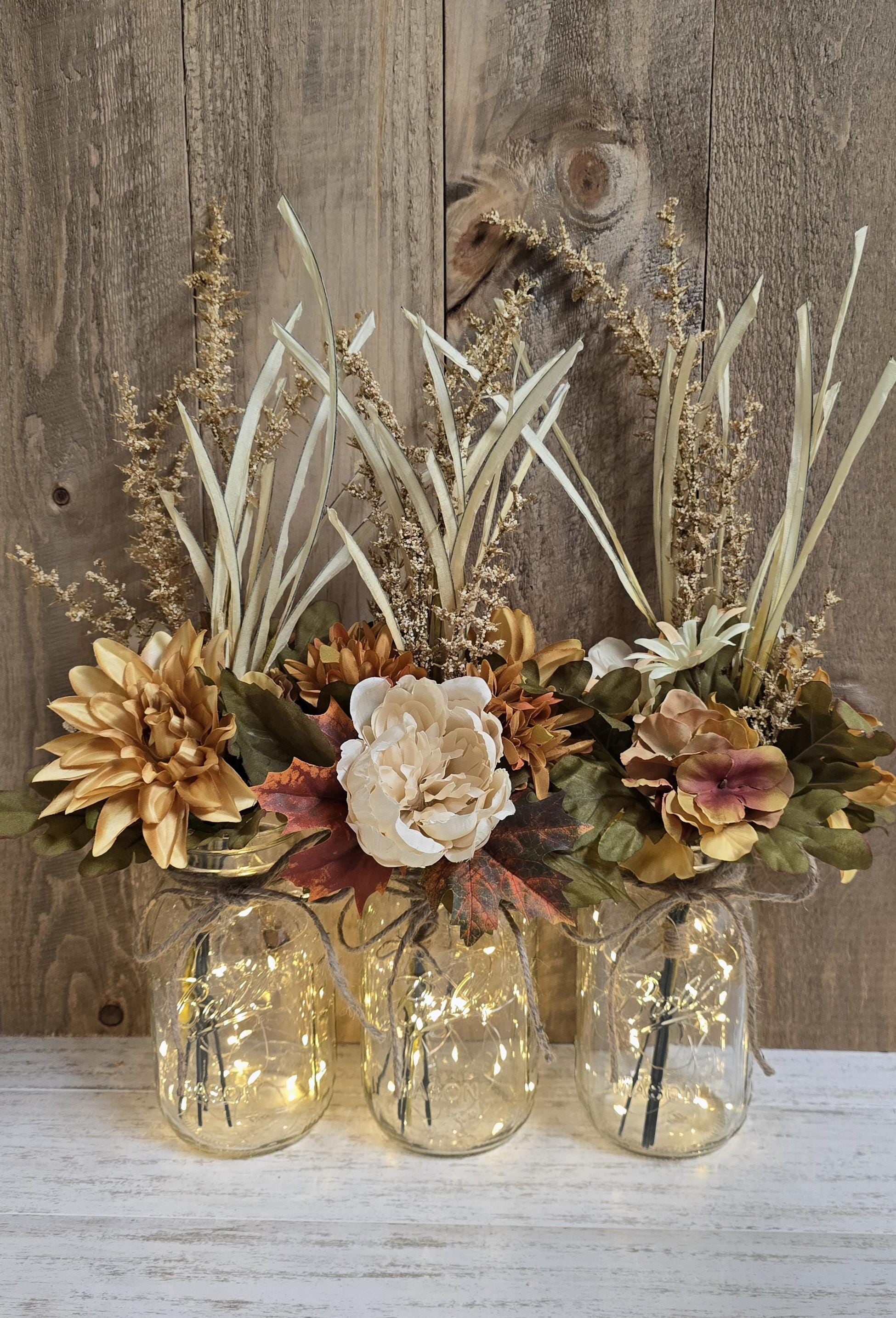 3 Piece Dahlia, Peony, & Hydrangea Fall Floral Lighted Mason Jar Centerpiece Set, Wedding Centerpiece, Farmhouse Wedding, Corporate Event