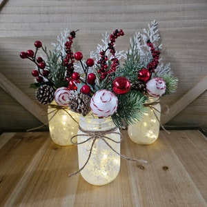 Christmas Mason Jar With Snowy Theme and Fairy Lights, Holiday Table Centerpiece, Party Decor, Winter Centerpiece, Gift, Corporate Event