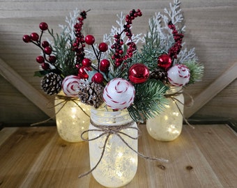 Christmas Mason Jar With Snowy Theme and Fairy Lights, Holiday Table Centerpiece, Party Decor, Winter Centerpiece, Gift, Corporate Event