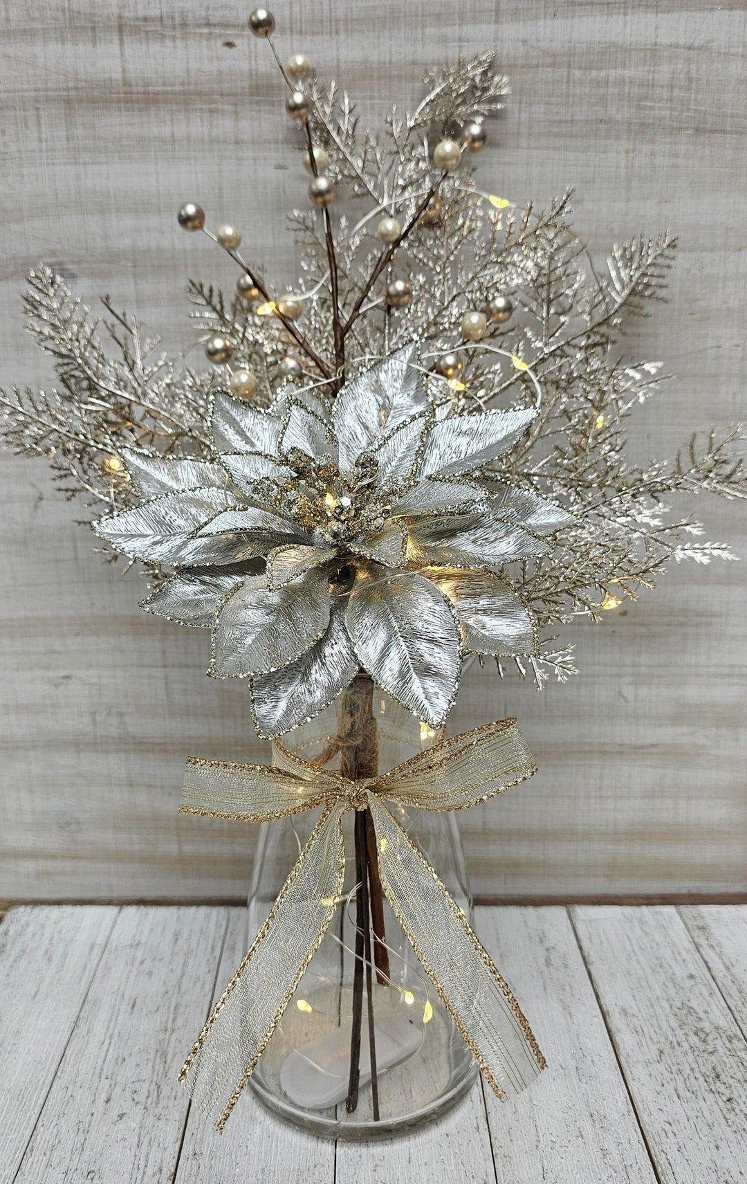 Champagne Poinsettia Lighted Glass Vase With Fairy Lights, Christmas