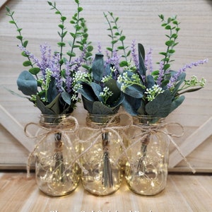 Lavender and eucalyptus lighted Mason Jar Centerpiece, Wedding Centerpiece, Event Centerpiece, Mason jars with lights,  Wedding Decor, Farmh