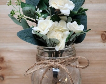 Ivory Mini Rose Lighted Mason Jar Centerpiece, Wedding Centerpiece, Event Centerpiece, Wedding Decor, Farmhouse Wedding, Shower Decorations