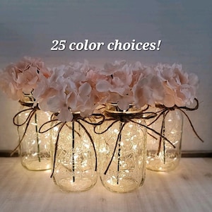 Set of 6 Blush Hydrangea Lighted Mason Jar Centerpieces, Wedding Decor, Event Centerpieces, Mason jars with lights, Graduation Party Decor