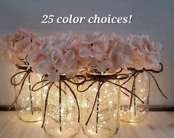 Set of 6 Blush Hydrangea Lighted Mason Jar Centerpieces, Wedding Decor, Event Centerpieces, Mason jars with lights, Graduation Party Decor