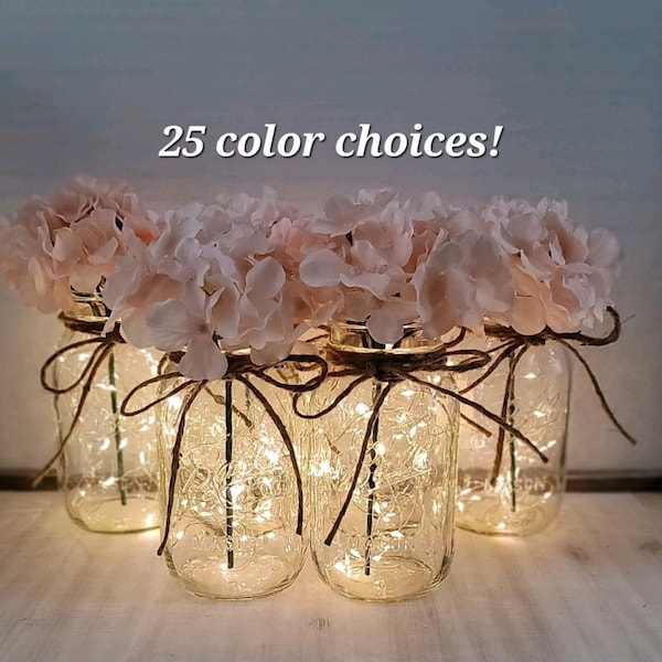 Set of 6 Blush Hydrangea Lighted Mason Jar Centerpieces, Wedding Decor, Event Centerpieces, Mason jars with lights, Graduation Party Decor