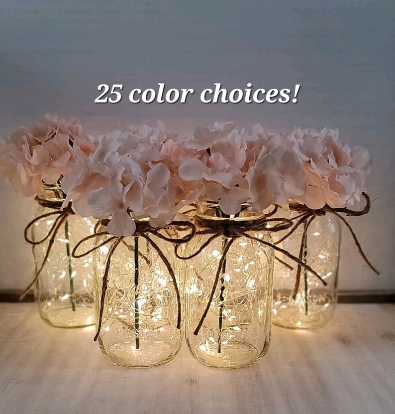 Puede incluir: Cinco tarros de cristal con luces de hadas en el interior y una guirnalda de flores rosas alrededor de la parte superior. &iexcl;25 opciones de color!