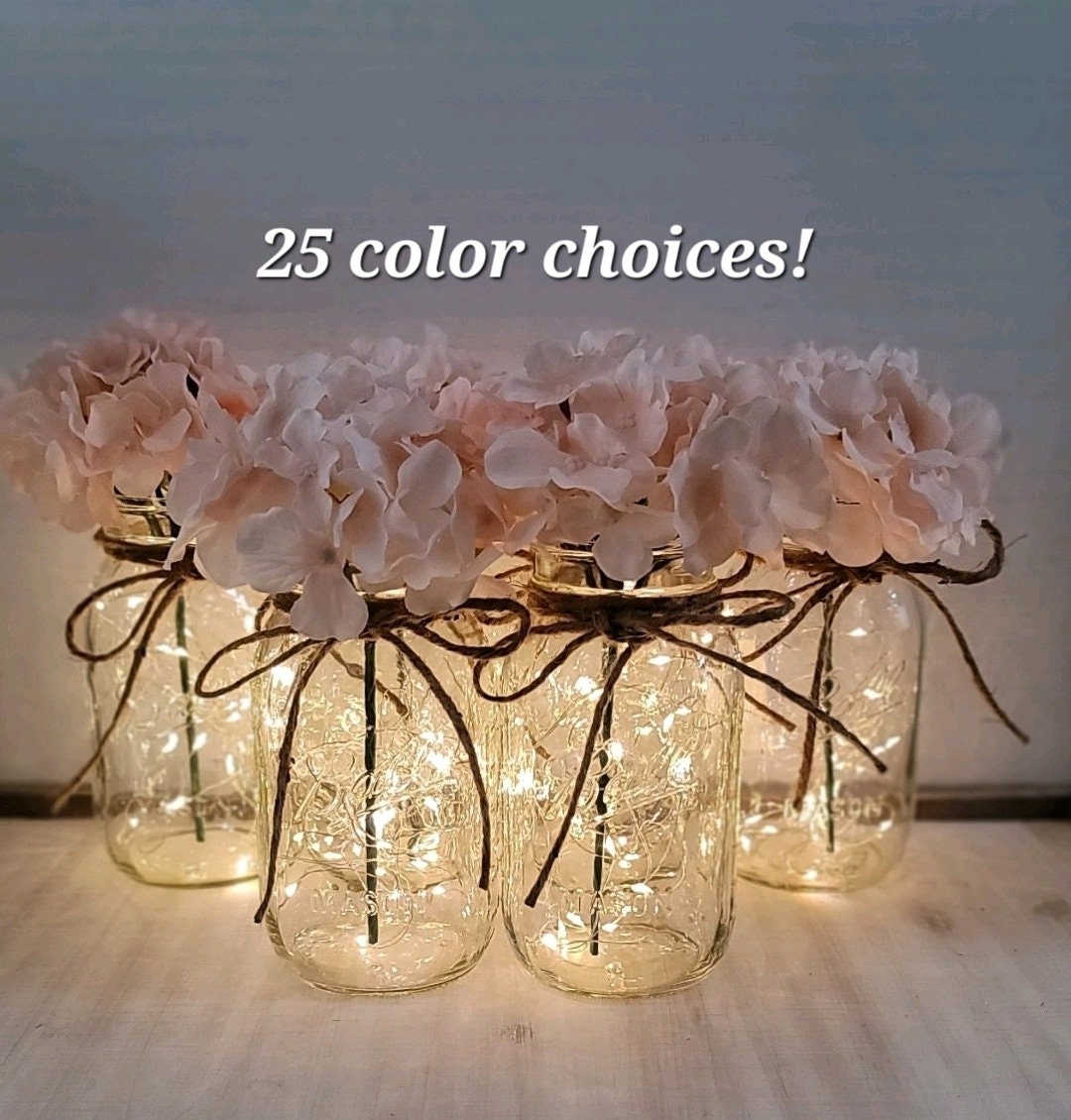 Blush Premium Hydrangea Lighted Mason Jar Centerpiece, Wedding Decor, Baby Shower, Bridal Shower, Graduation, Celebration of Life Service