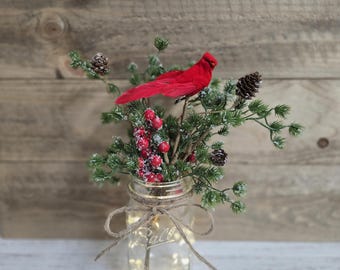 Cardinal Christmas Mason Jar With Fairy Lights, Holiday Table Centerpiece, Winter Decor, Spiritual Gift