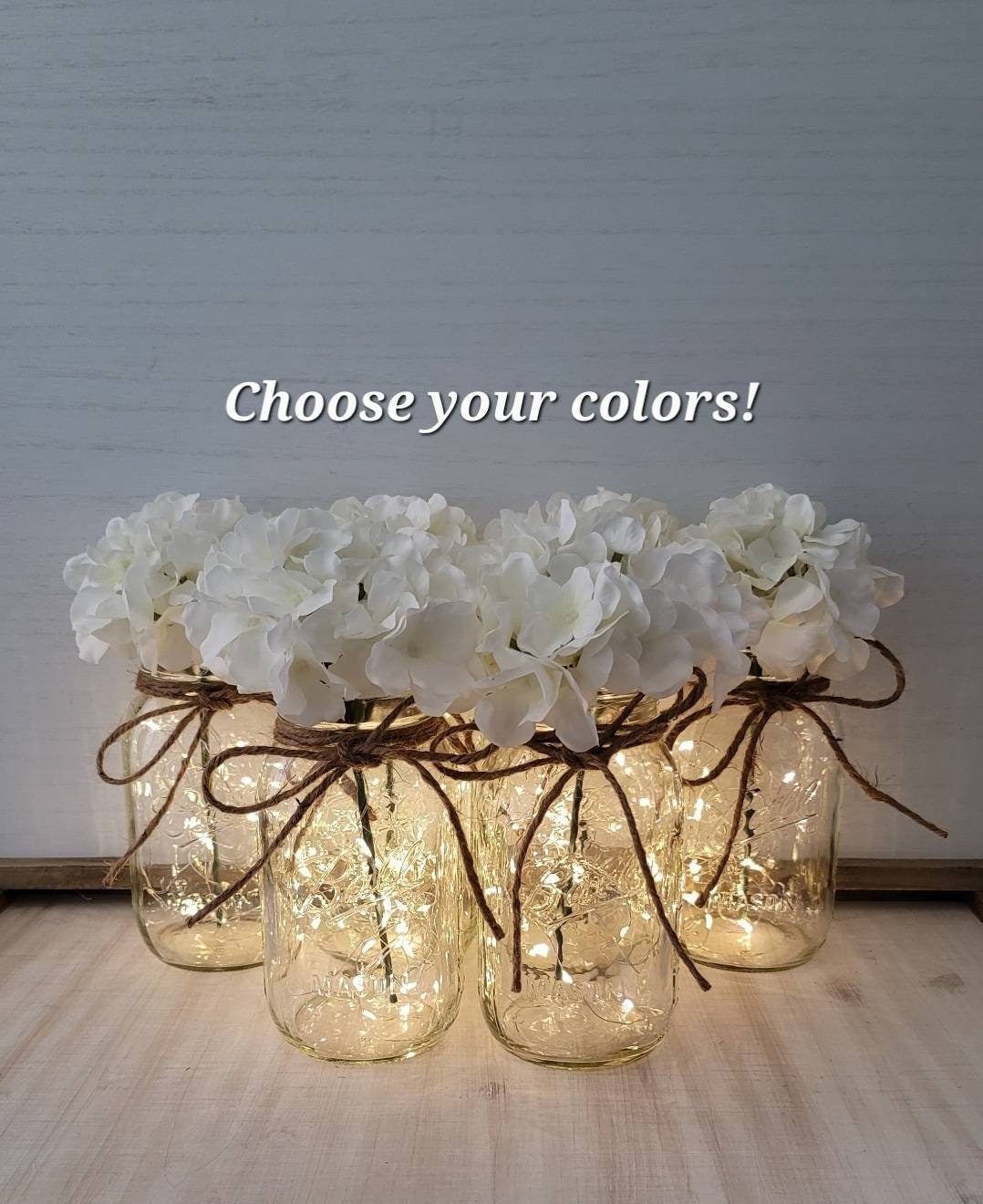 Set of 6 Premium White Hydrangea Lighted Mason Jar Event Centerpieces, Wedding Decor, Baby Shower, Bridal Shower, Graduation, Celebration