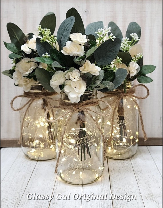 Ivory Rose Lighted Mason Jar Centerpiece Wedding Centerpiece Event Centerpiece Wedding Decor Farmhouse Wedding Shower Decorations Etsy